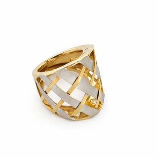 18K Solid Two Tone Gold Open Satin and Polished Weaved Ring