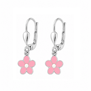 18K Solid Gold Enamel Dangle Flower Lever Back Earrings
