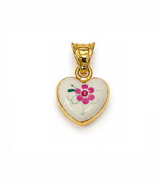18K Solid Yellow Gold Enamel Puffy Heart Pendant Charms with Flowers