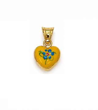 18K Solid Yellow Gold Enamel Puffy Heart Pendant Charms with Flowers
