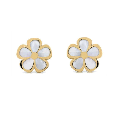 Boucles d'oreilles à vis en or jaune 18 carats avec fleur en nacre